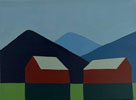 Two Red Barns with Three Mountains