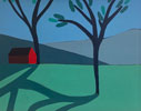 Red Barn with Two Trees and Two Mountains