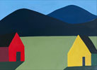 Red Barn and Yellow House with Mountains 
