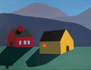 Red House, Yellow Barn with Three Mountains