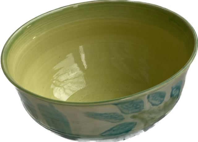 Yellowish Green Bowl with Blue Flowers